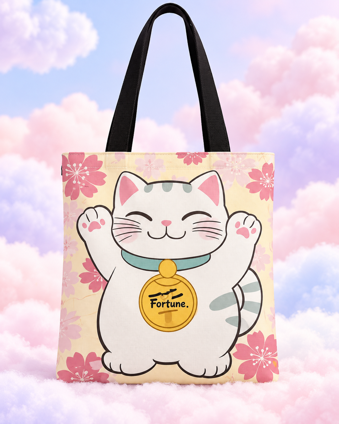 Lucky cat tote bag with pink cherry blossoms and black handles on pastel clouds.
