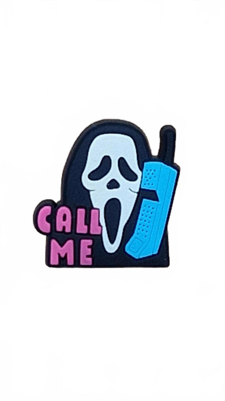 Scarey masked man on blue phone with call me Halloween shoe charm