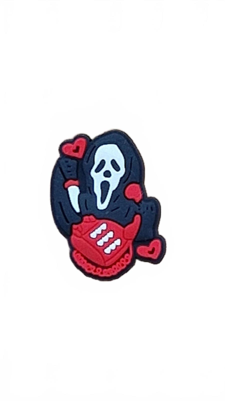 Scary masked man on phone with knife Halloween shoe charm