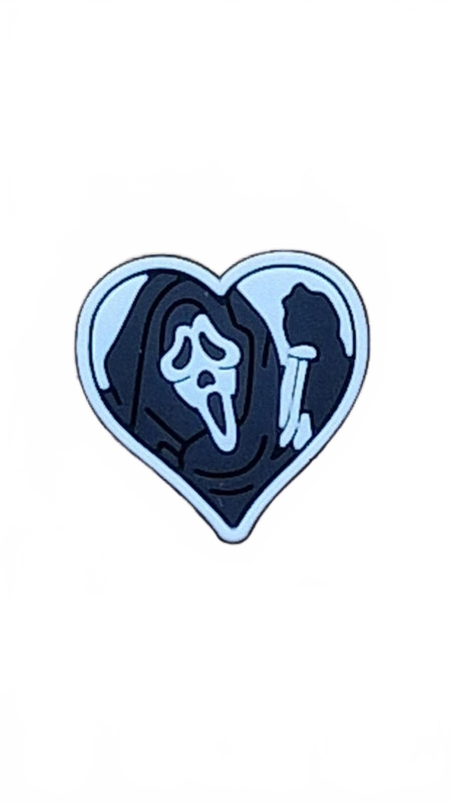 Scary black and white masked man with knife in heart Halloween shoe charm