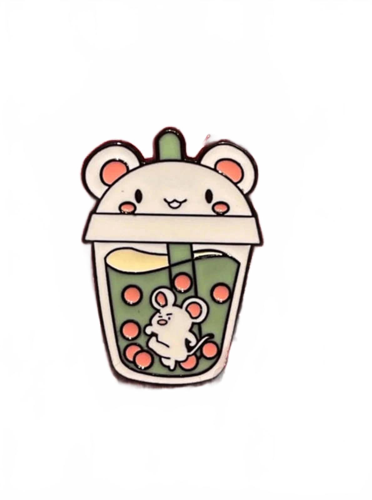 Cute mouse in a bubble tea cup enamel pin