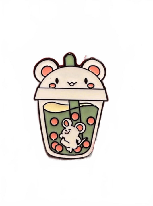 Cute mouse in a bubble tea cup enamel pin