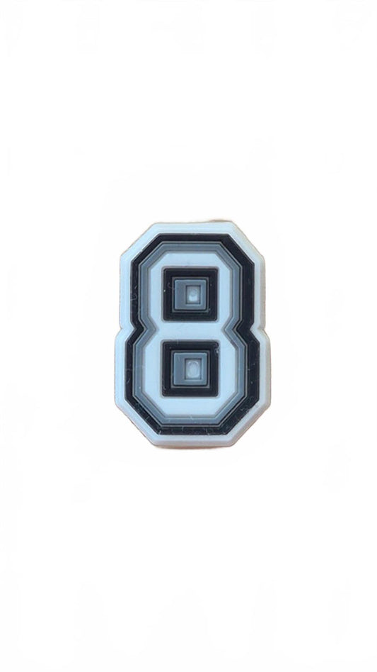 Black and white number '8' on a white background shoe charm