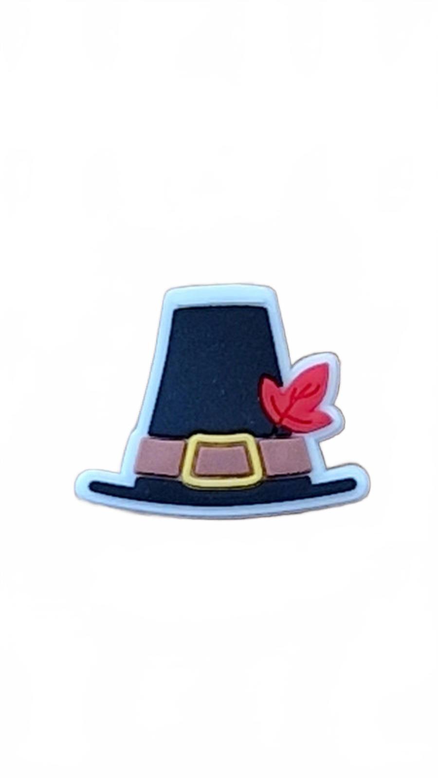 Cute cartoon style pilgrim hat with buckle and red feather Halloween shoe charm