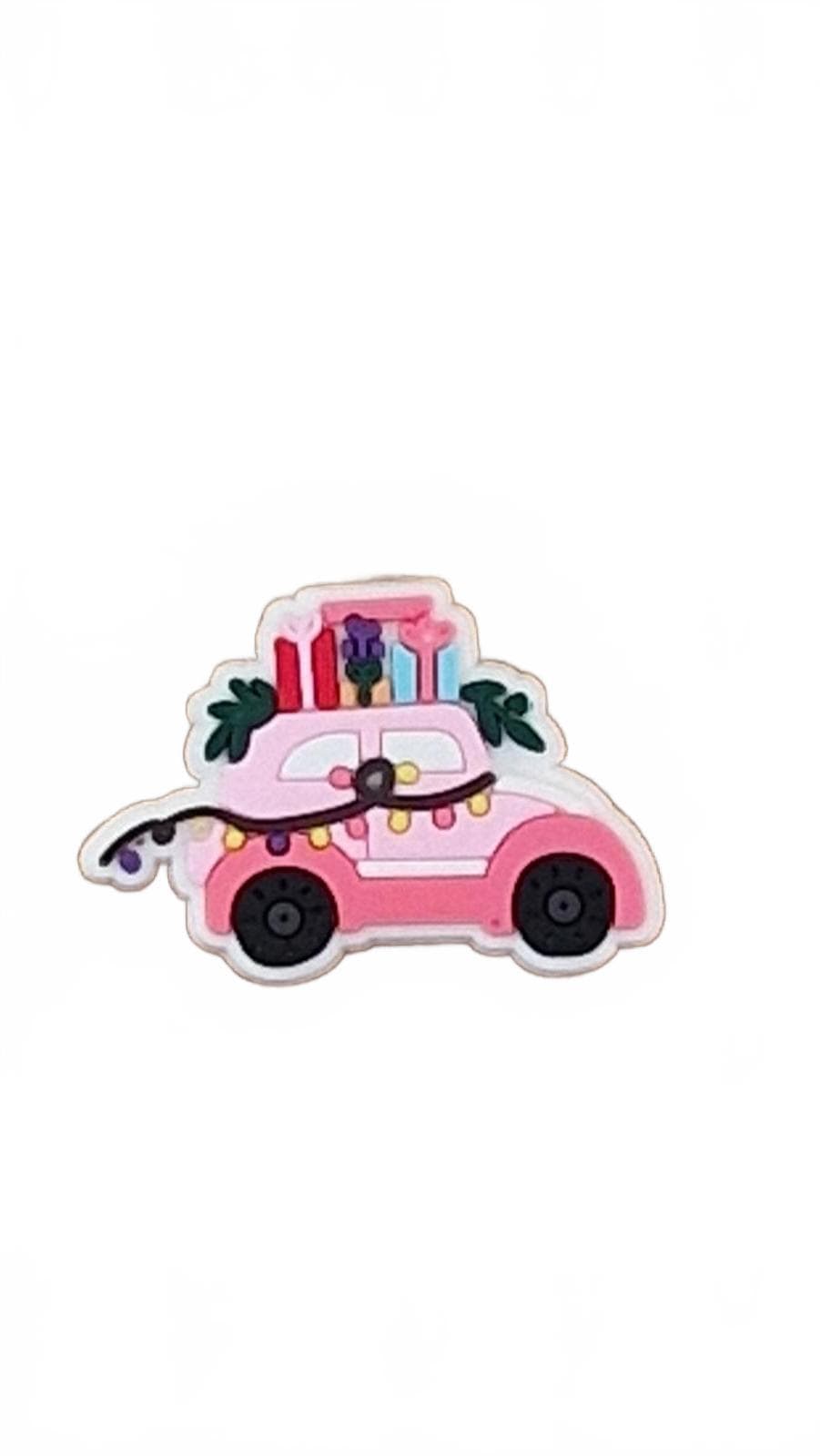 Cute pink car covered in Christmas lights and presents Christmas shoe charm