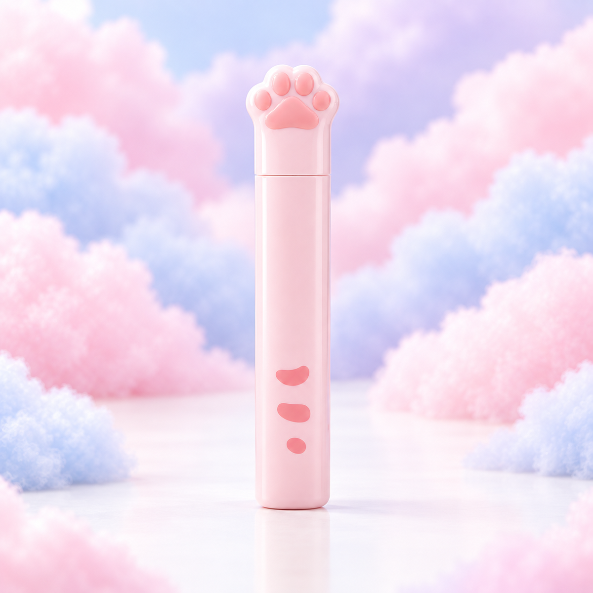 Pastel pink compact cat paw scissors in a protective case on pastel clouds.