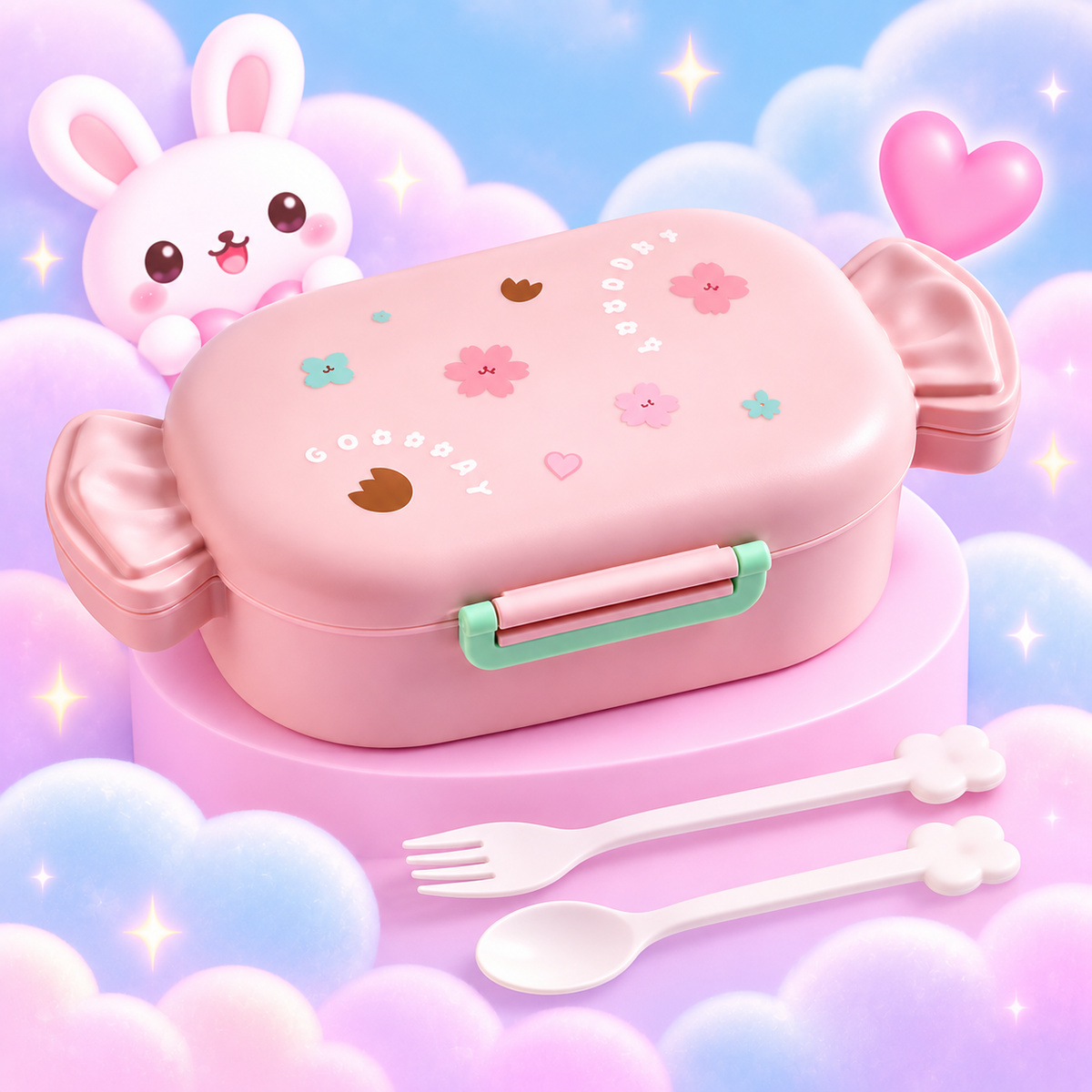 Pink kawaii candy-shaped bento lunch box with fork and spoon