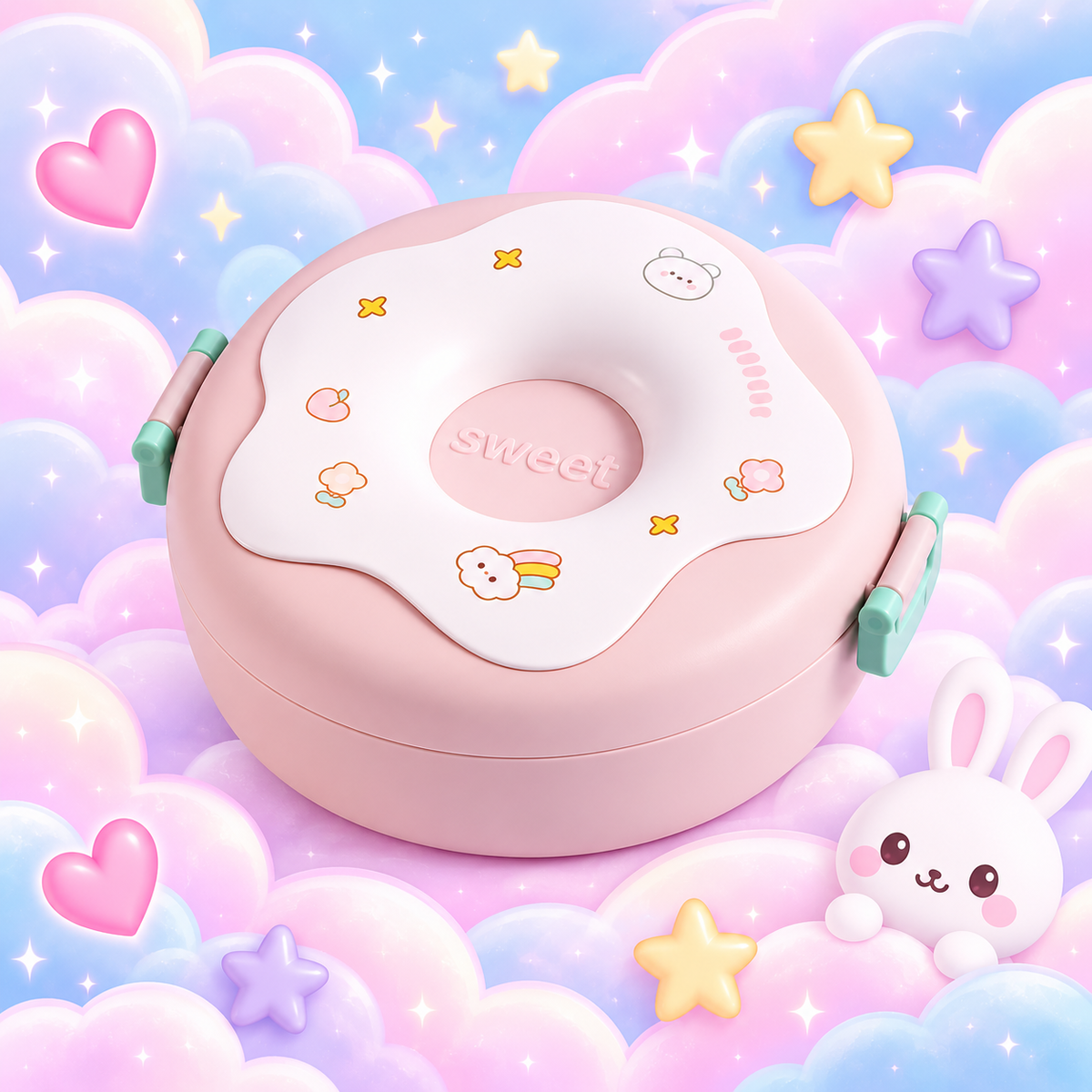 Pink kawaii donut bento lunch box with white icing style lid