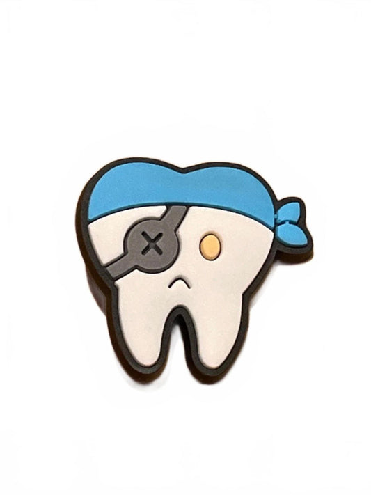 Cute pirate tooth with eye patch and blue head scarf shoe charm