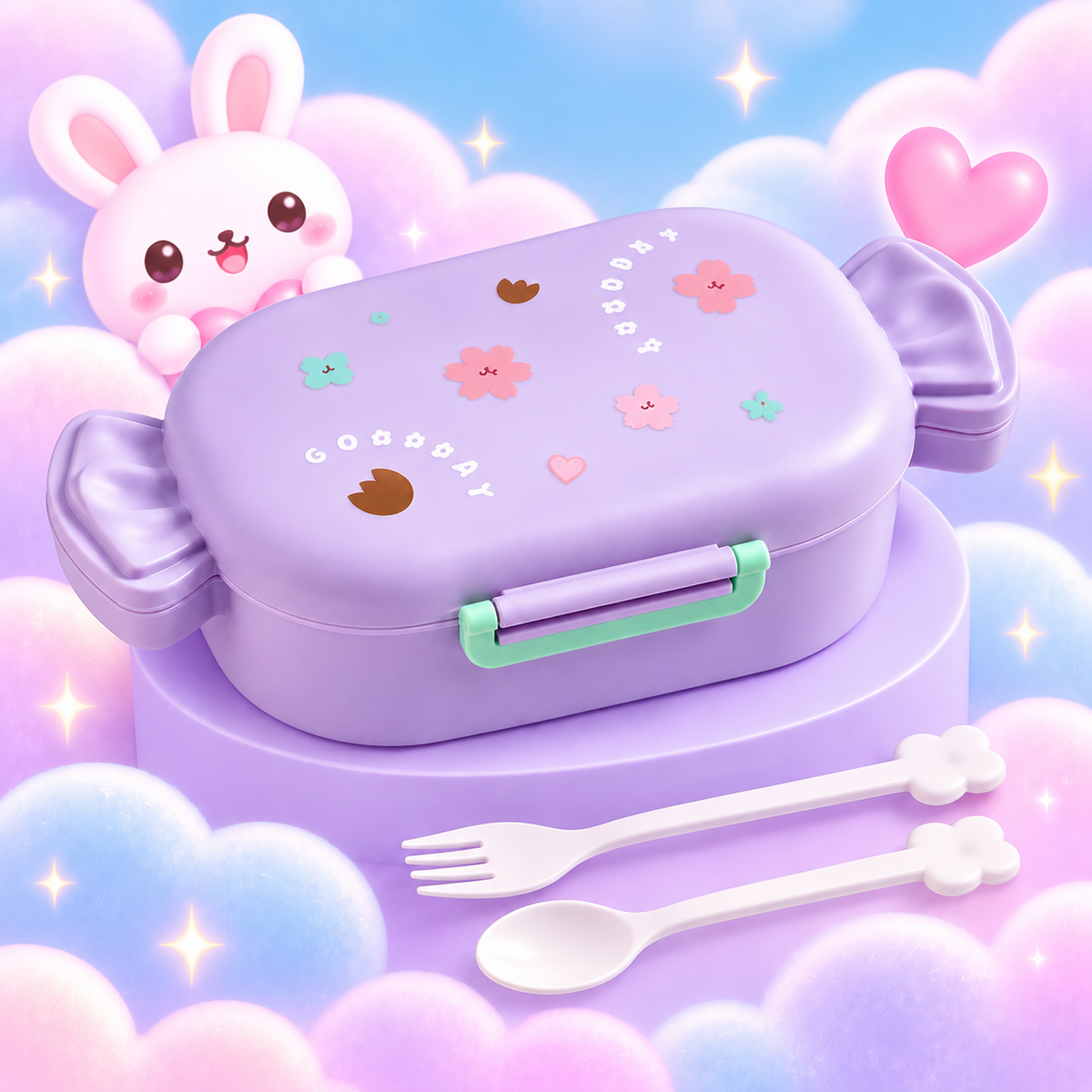Purple kawaii candy-shaped bento lunch box with fork and spoon