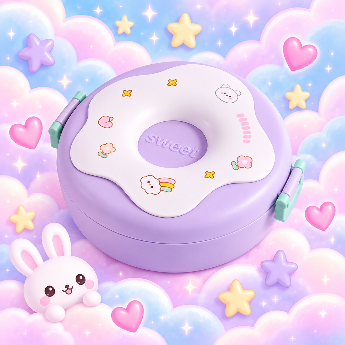 Purple kawaii donut bento lunch box with white icing style lid