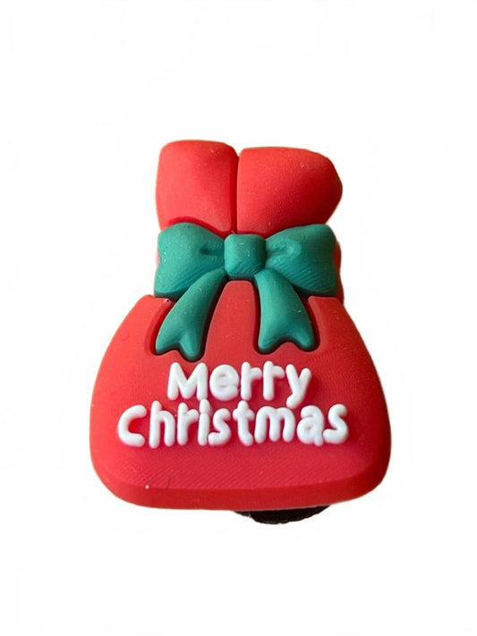 Red Christmas sack with a green bow and 'Merry Christmas' text on a white background