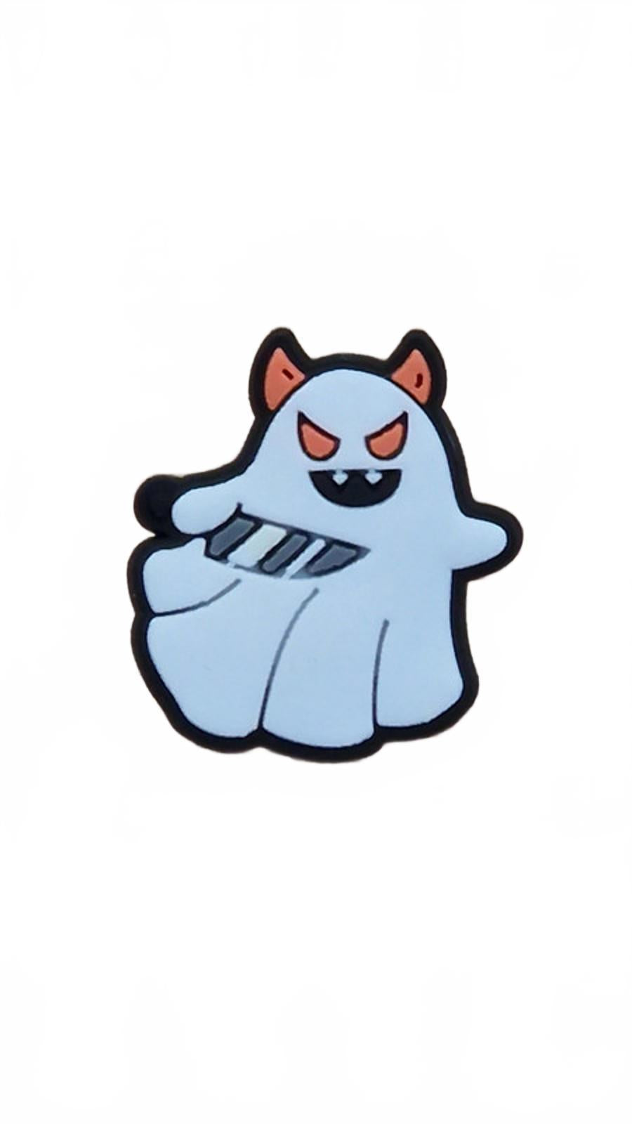 Scary ghost with orange horns and eyes holding knife Halloween shoe  charm