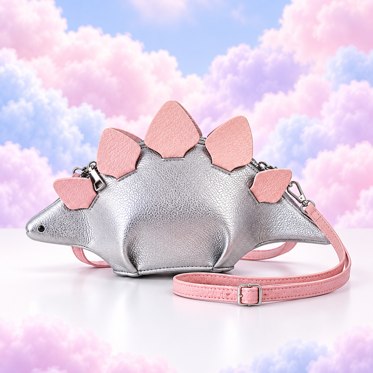 Metallic silver stegosaurus crossbody bag with pink back plates and an adjustable pink strap.