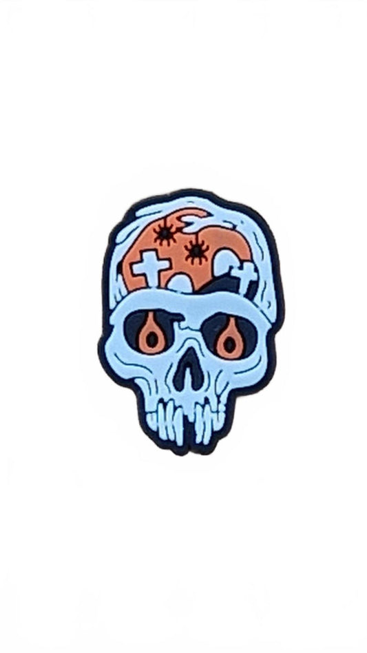 Skull with orange graveyard and spiders shoe charm