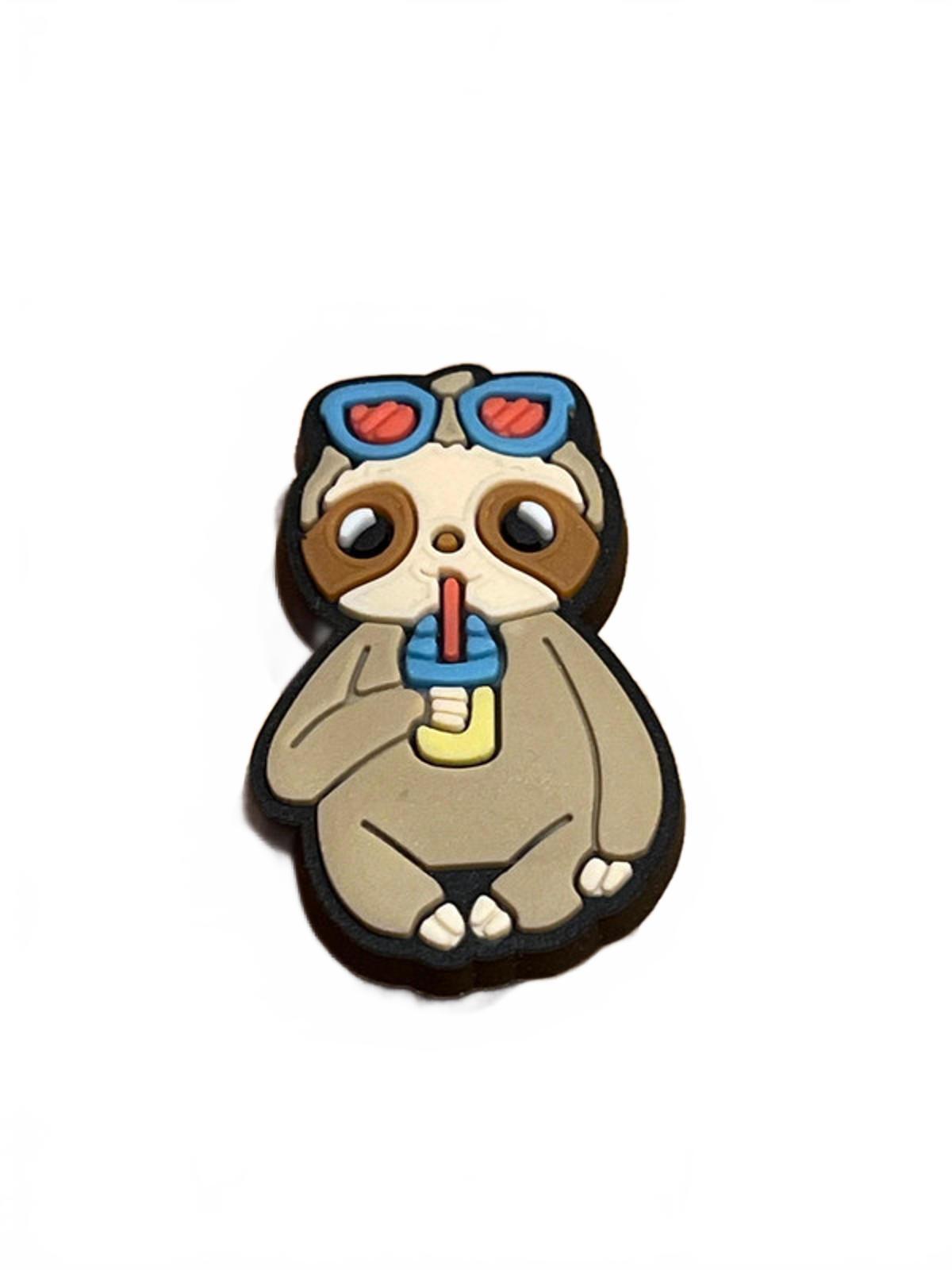 Cute sloth wearing blue and red shades drinking from bottle with straw shoe charm