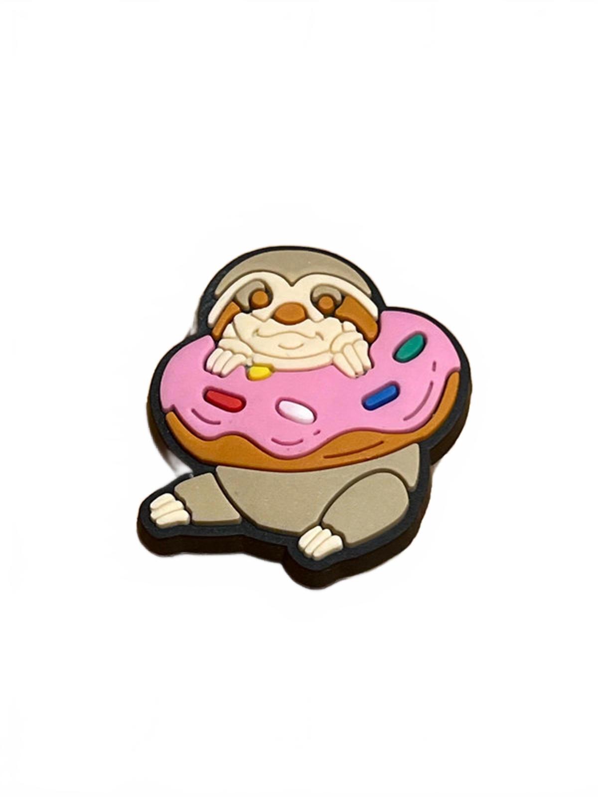 Happy sloth with doughnut and pink icing around neck shoe charm