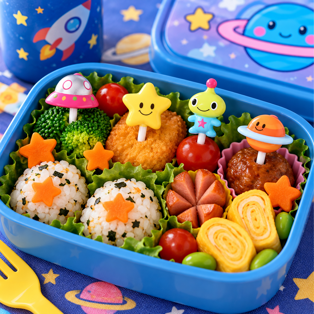Kawaii UFO alien star and planet bento food picks used in a colourful kids lunch box
