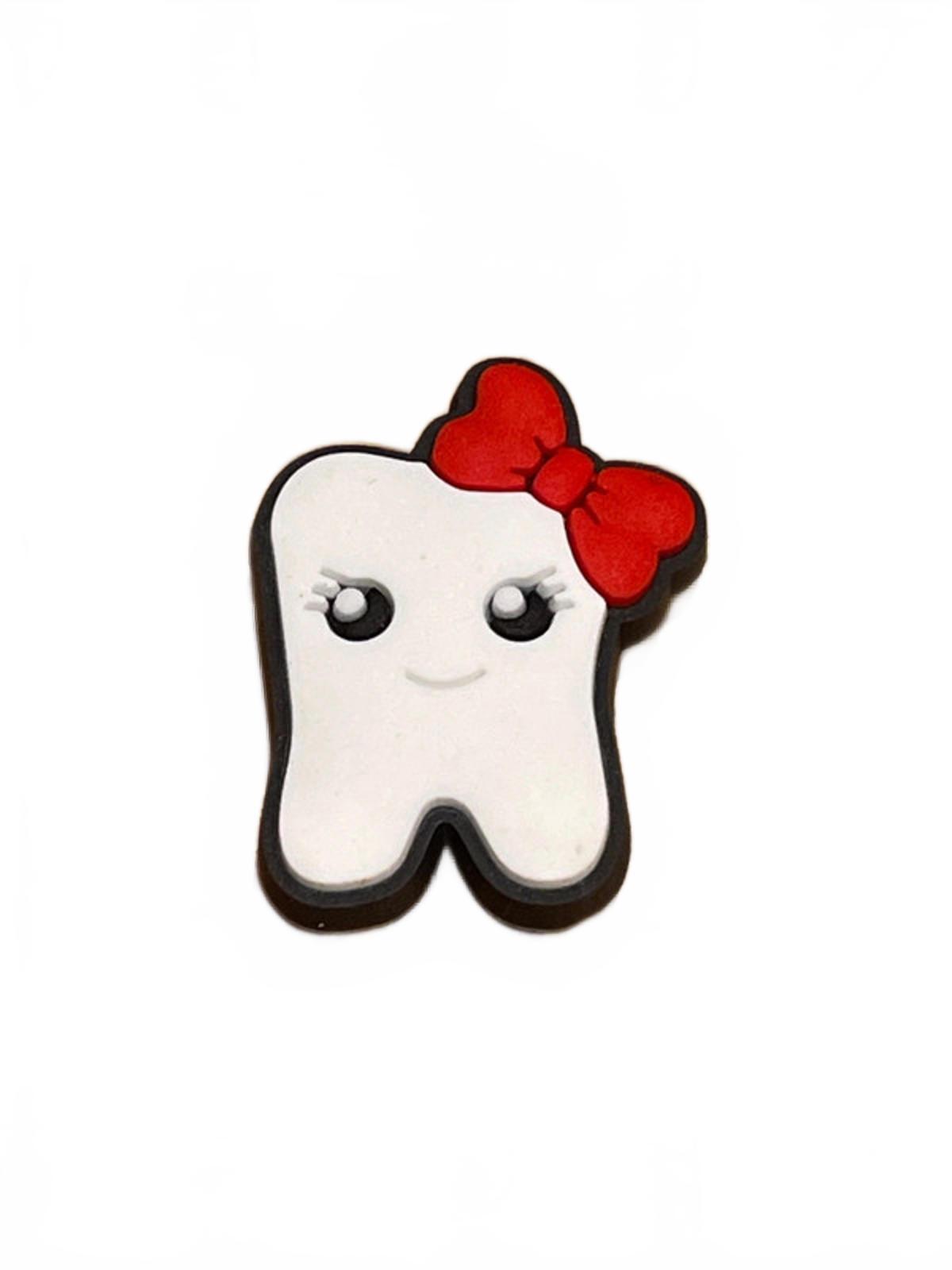 Cute smiling tooth with large eye lashes wearing red bow tie shoe charm