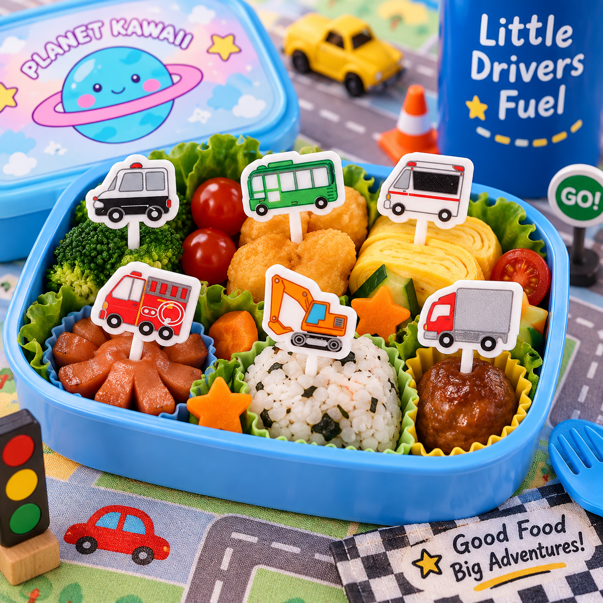 Kawaii vehicle bento food picks with cars, bus, fire engine, excavator and truck in a colourful kids lunch box