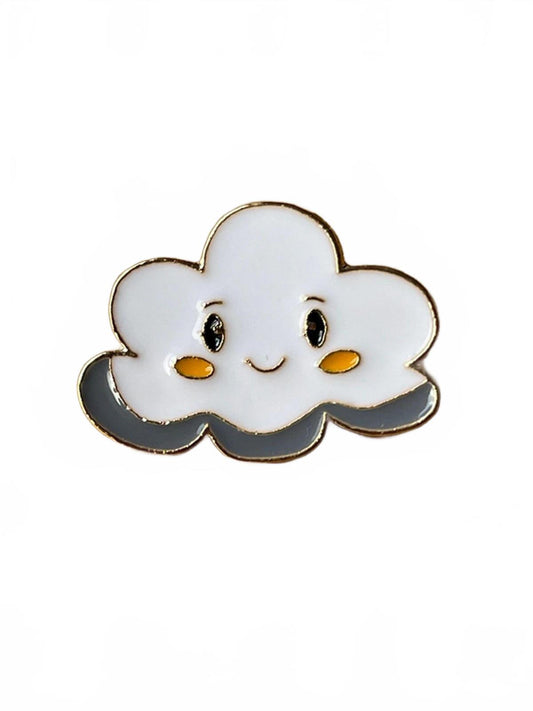 Kawaii cloud-shaped pin with a smiling face on a white background