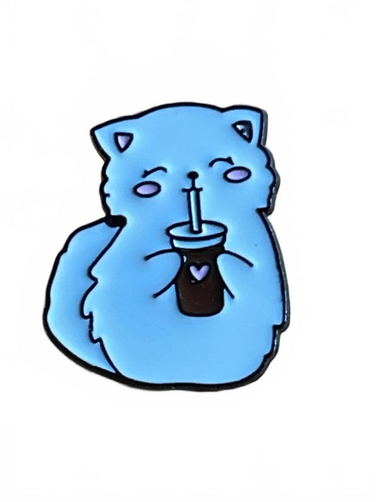 White cat-shaped pin with a drink and heart on a white background