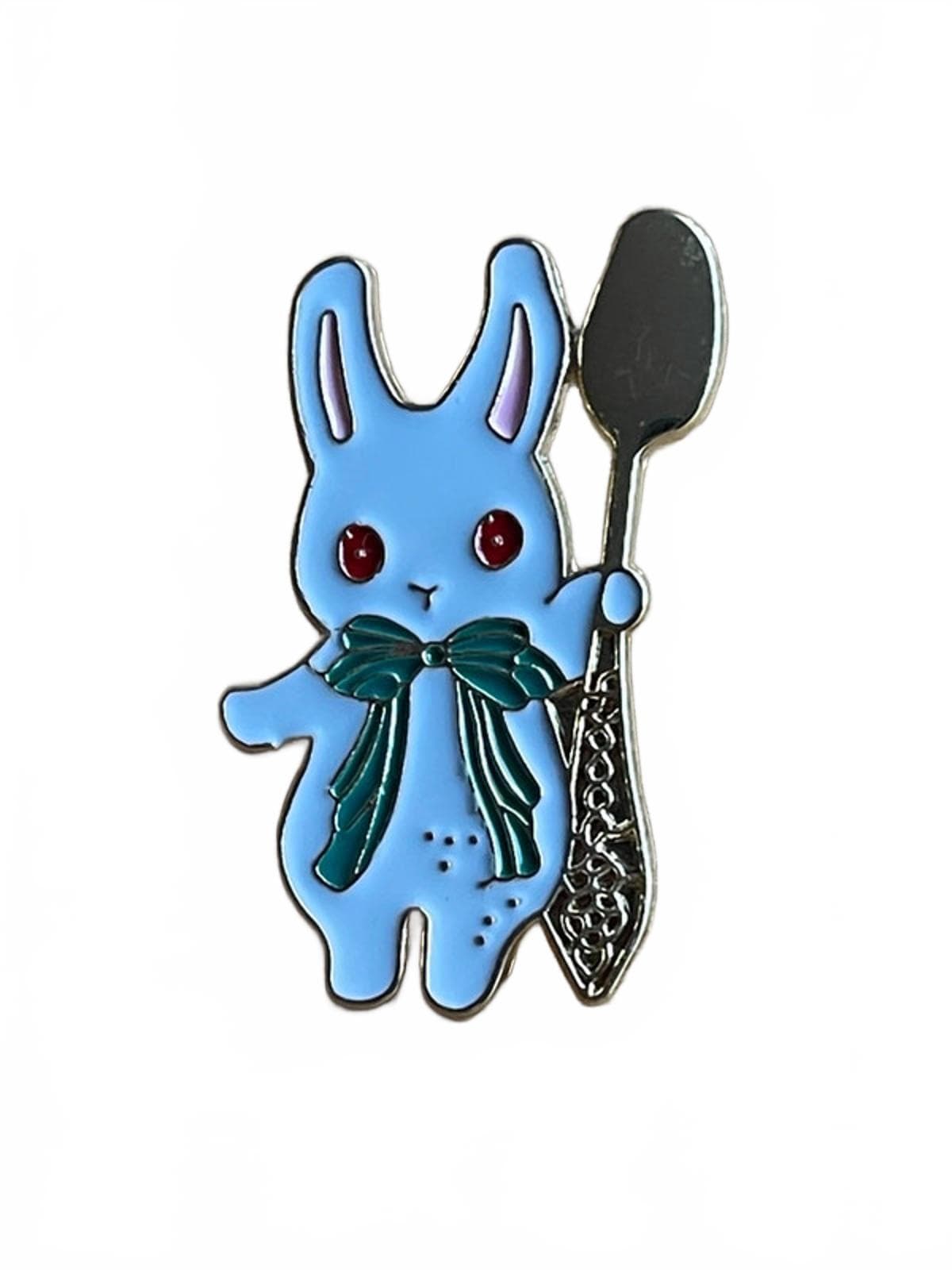 Cute white rabbit with green bow tie standing hold large spoon enamel pin