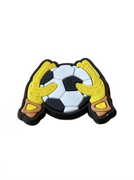 Yellow goalie gloves holding football sport shoe charm